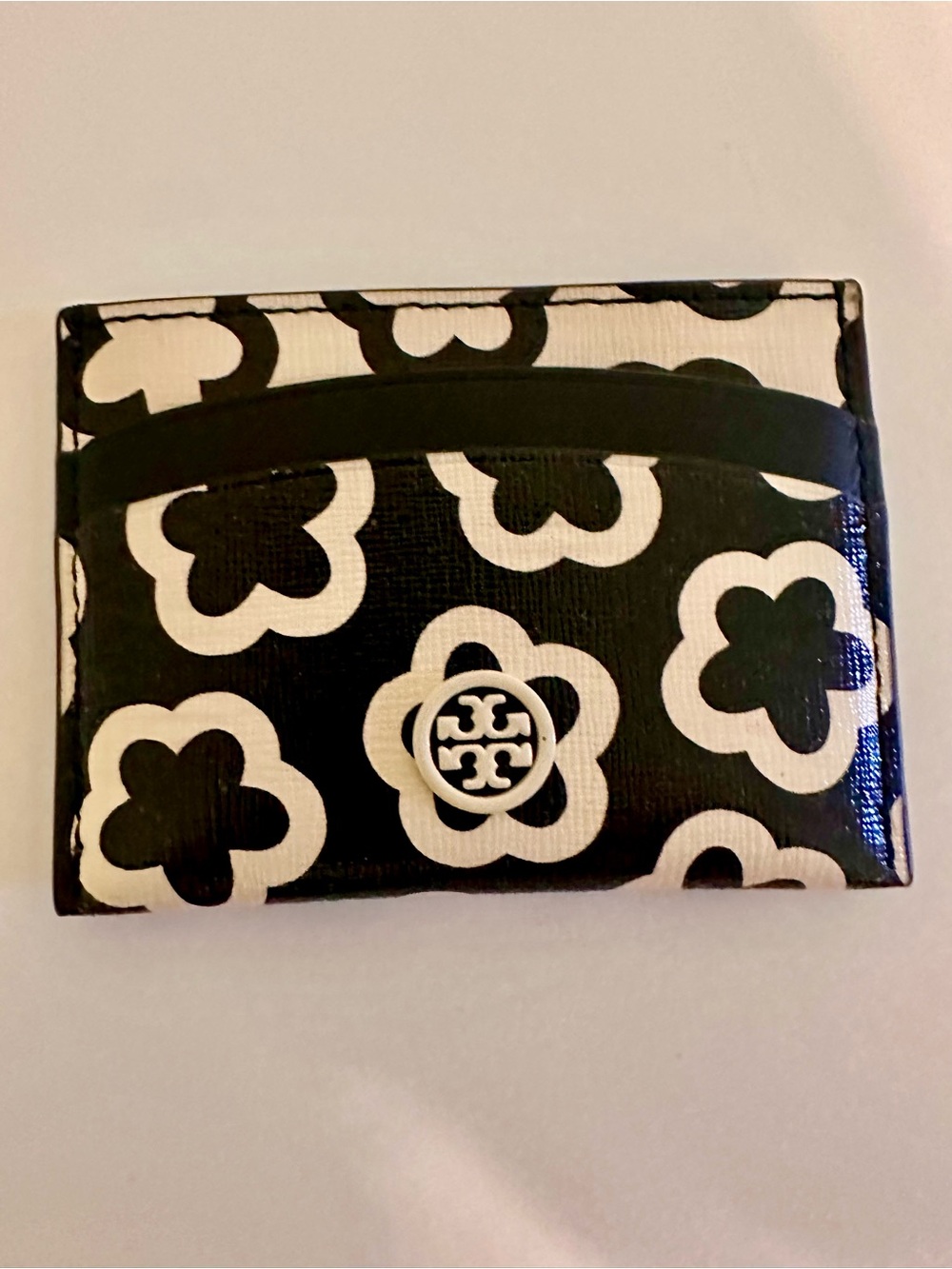 Tory Burch Black and White Floral Logo Card Case